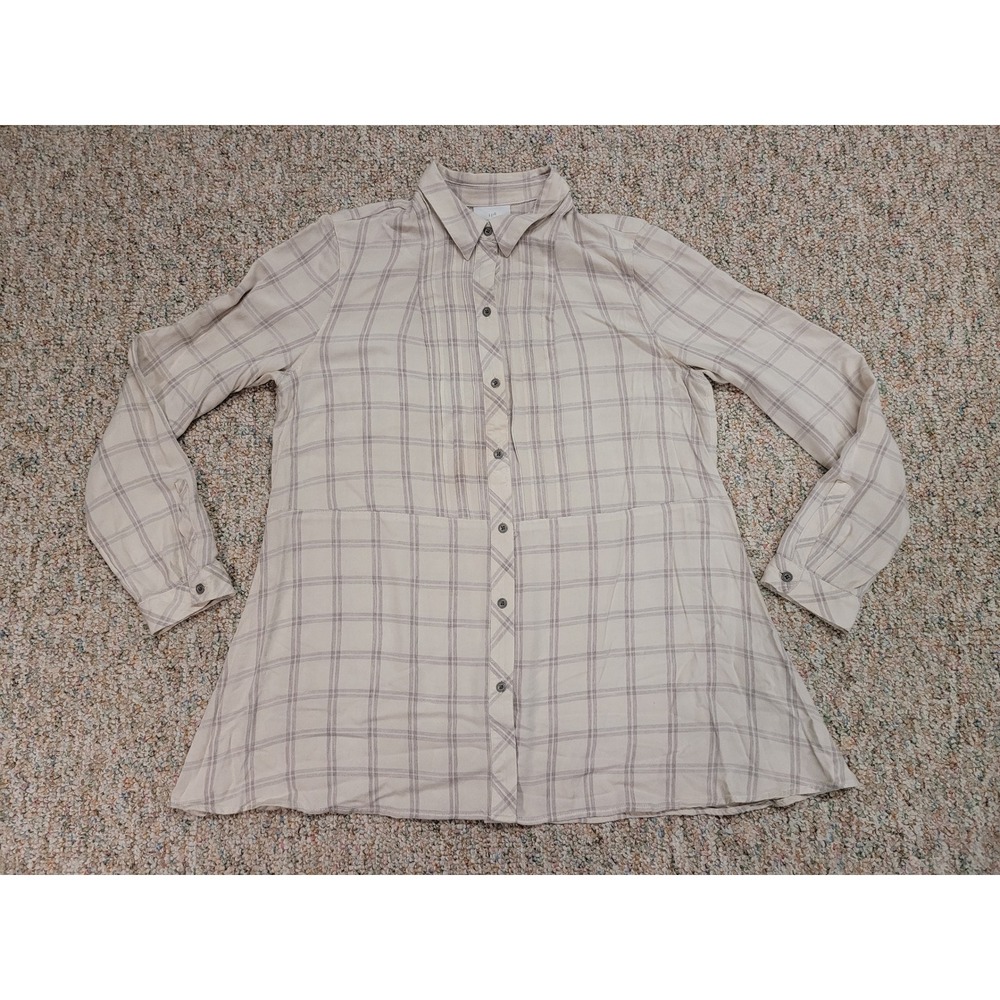 JJill Shirt Women Medium Beige Plaid Button Down Tunic Long Sleeve Blouse